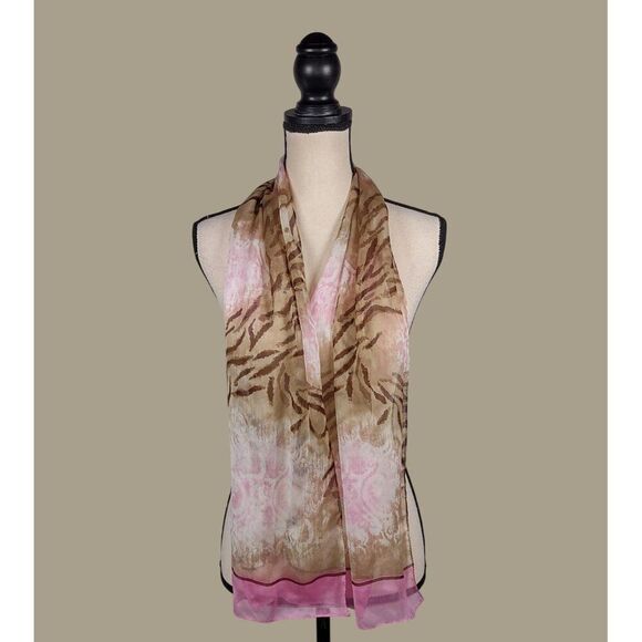 Animal Print and Pink Floral Polyester Chiffon Scarf 13" x 57" - Picture 2 of 6